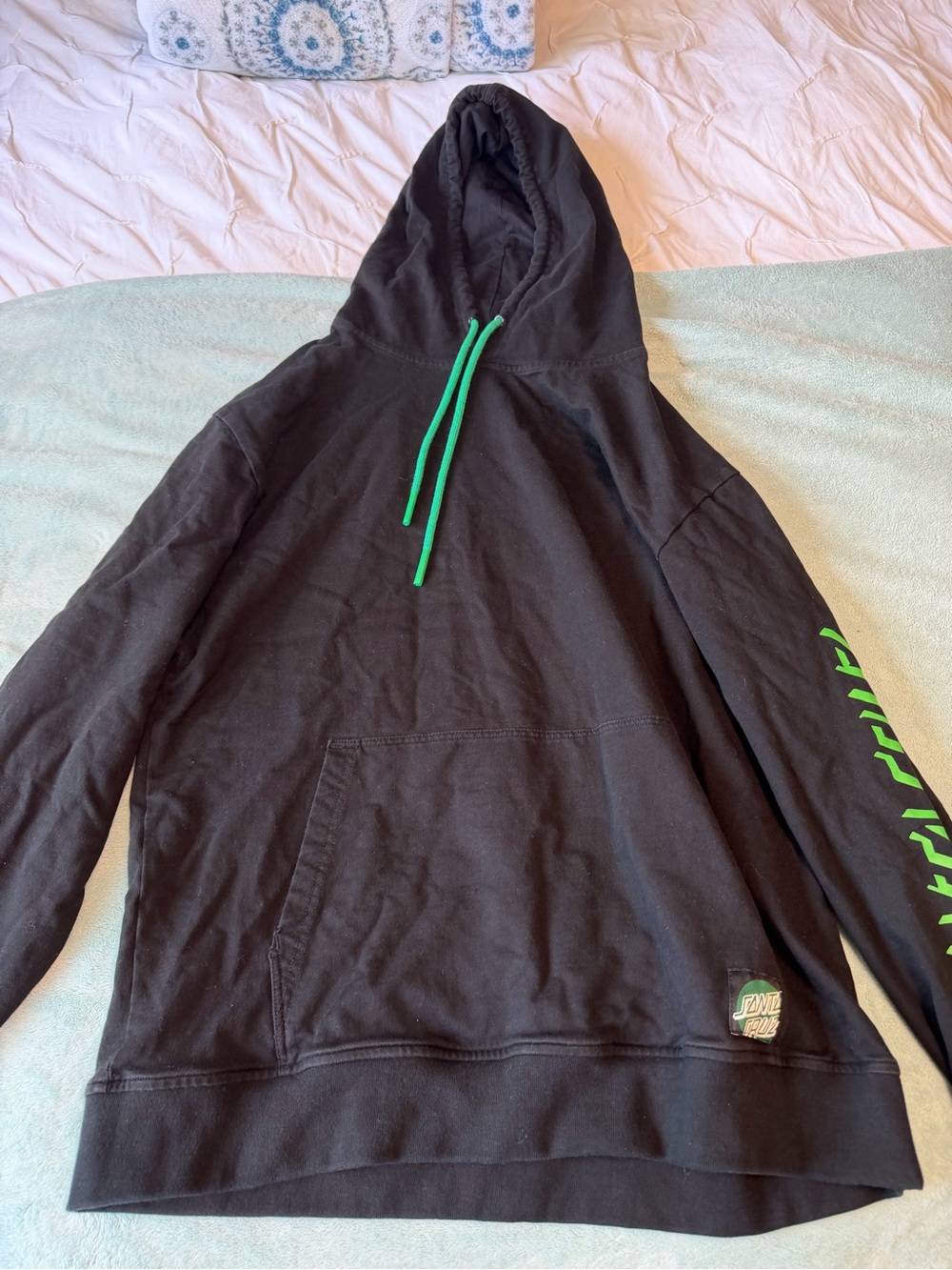 Santa Cruz Skateboards Black Hoodie with Green Drawstrings